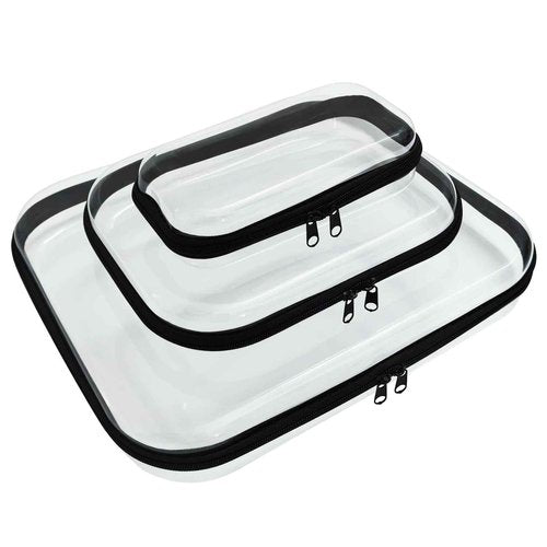 YOQIVEXU 3 Pcs Clear Hard Zipper Case, Hard Shell Plastic Clear Organizer Bag, Transparent Makeup Pouches, Portable Box for Travel Toiletries, Toy Storage Bins (Black, Multi)