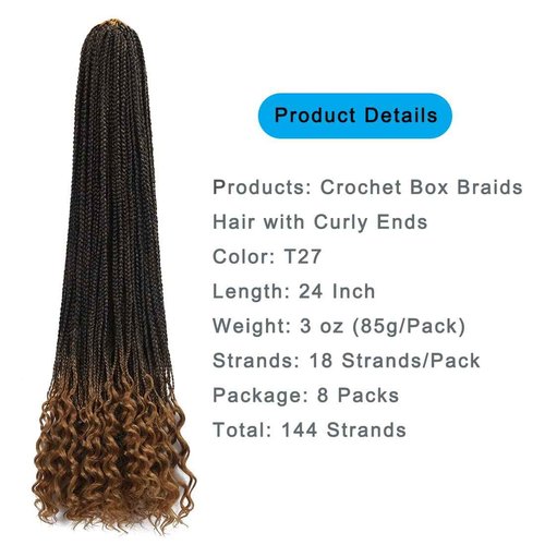 144 Strands Goddess Crochet Box Braids with Curly Ends 24 Inch Pre Looped Box Braids Crochet Hair 8 Packs Curly Crochet Braids for Black Women