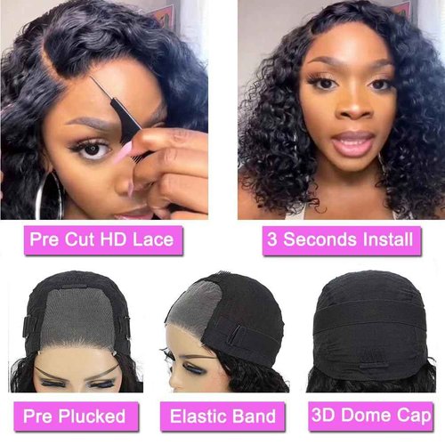Srakuw Wear and Go Glueless Wigs Human Hair Pre Plucked Pre Cut 4x4 Lace Front Wigs for Black Women for Beginners 180 Density Curly Bob Wig Human Hair (8 Inch)