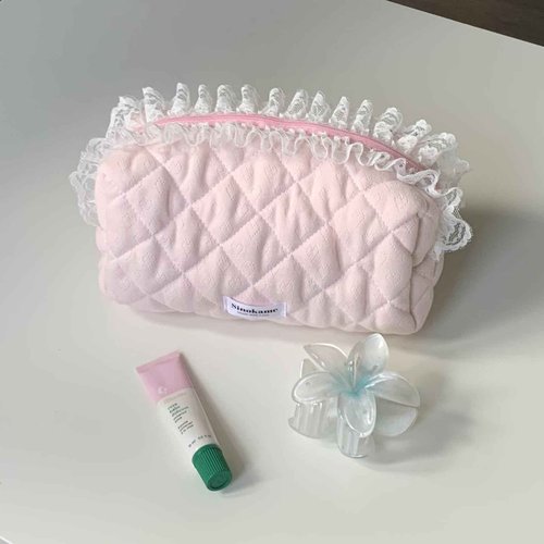 SINOKAME Handmade Pink Cute Quilted Makeup Bag, Lace Coquette Cosmetic Bag Fluffy Soft Reusable Toiletry Pouches Organizer, Reusable Washable Bags for Women Gifts(sweet angel)
