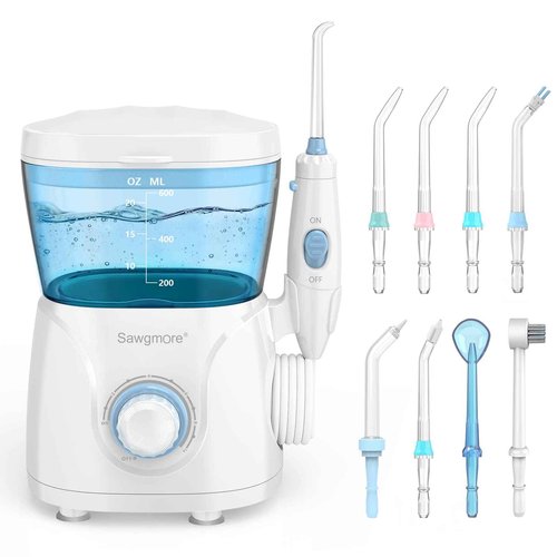 Sawgmore Water Flosser Oral Irrigator, 600 ml Large Capacity, 10 Adjustable Pressures, Electric Flosser for Teeth/Braces, 8 Home Nozzles Oral Irrigator(White)