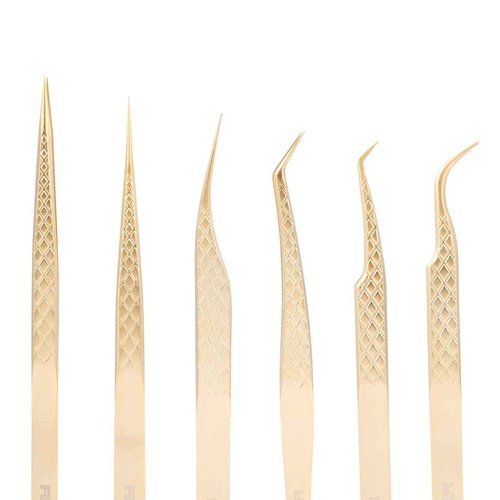 FEITA Eyelash Extension Tweezer Set Gold Lash Applicator Tool - Precision Lashes Diamond Grip Tweezers for 2D-6D Volume & Individual Eyelashes Extensions Supplies (6Pcs)
