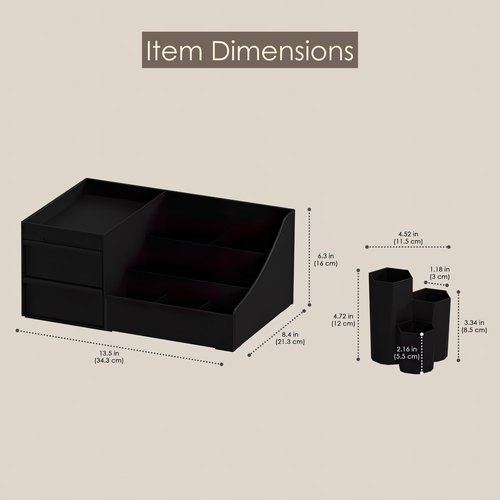 Lumijoy 2 Pcs White Makeup Organizer and Brush Holder Set with 3 Drawers, Perfect for Cosmetics, Skincare, Beauty Tools on Vanity for Bedroom, Bathroom, Kitchen, Black