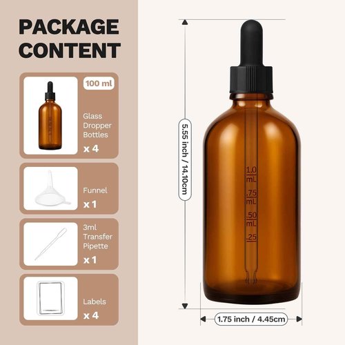 Bumobum 100ml Dropper Bottle, Amber Glass Dropper Bottle with Glass Measured Dropper, 3.4oz Empty Eye Tincture Bottles with Funnel, Pipette & Labels for Essential Hair Oils Serums, 4 Pack