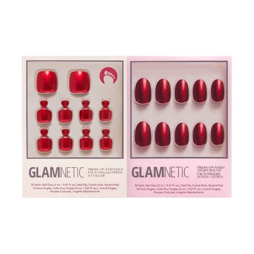 Glamnetic Press On Nails & Toenails - Cherry Glaze | Short Round Bright Cherry Red Nails with a Glaze Finish | 15 Sizes - 30 Nail Kit with Glue & 16 Sizes - 32 Toe Nail Kit with Glue