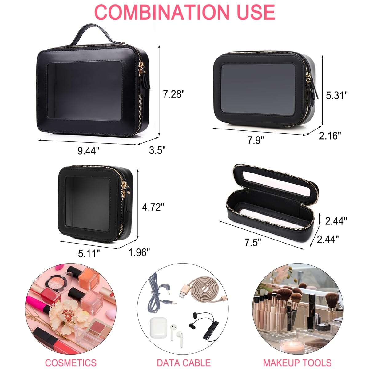 Pinkmik Clear Mini Makeup Bag Transparent Travel Cosmetic Makeup Case & Toiletry Bag for Women Clear Car Bag (T/Black, MINI)