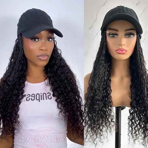 Hats Bohemian Crochet Boho Box with Human Hair Curly Ends Braids Hair Extensions Baseball Cap Wig With Braided Hair Cap Wig For Women Natural Color