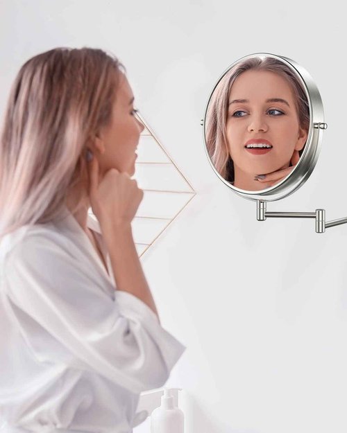 Benbilry 9" Large Size Wall Mounted Makeup Vanity Mirror, 1X/10X Magnifying Double Sided Shaving Mirror for Bathroom, 360° Swivel Extendable Arm, Nickel Finish