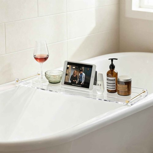 Acrylic Bathtub Tray, NEWRAIN Clear Bath Caddy Tub Table,Unique House Warming Gifts, New Home, Anniversary and Wedding Gifts for Couple, Bathroom Accessories for Spa or Reading Lite Style ﻿
