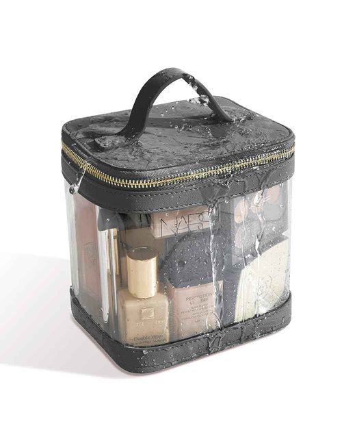 ROWNYEON Large CLear Travel Makeup Bag for Women，Transparent Cosmetic Bag with Handle，Portable Makeup Case Organizer，Waterproof Toiletry Organizer Train Case, Black