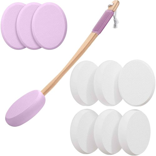 AmazerBath Purple Lotion Applicator for Back, 4 Replaceable Pads with 1 Long Handled and 6 PCS White Lotion Applicator Replacement Pads, Apply Cream Medicine Skin Cream Moisturizer Sunscreen Tanner