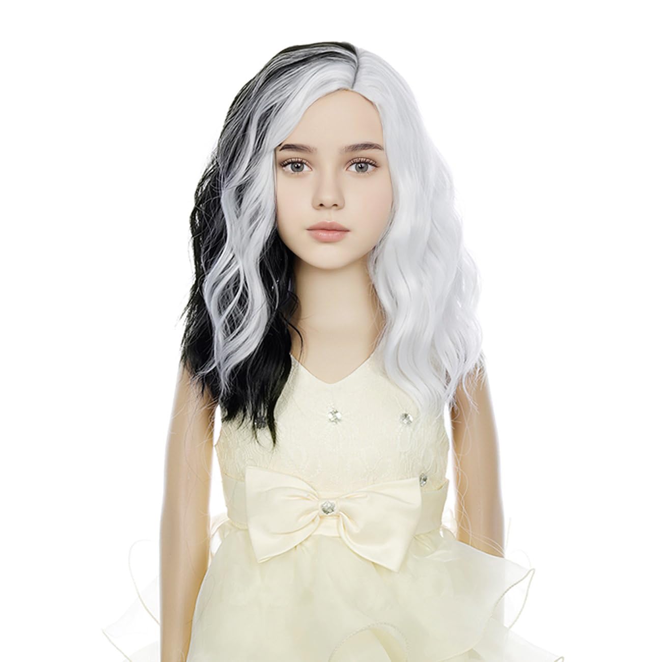 DUDUWIG Girls Black and White Wig Kids Short Half Black and Half White Wavy Curly Bob Wig Children Black White Wig for Halloween Cosplay