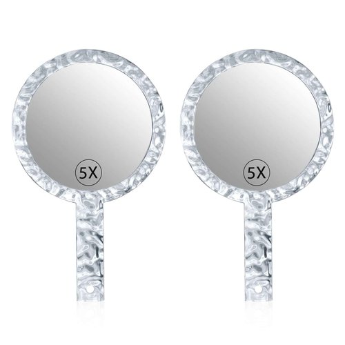 YEAKE Hand Mirror,Double-Sided Handheld 1X/5X Magnifying Mirror with Handle, Handle Makeup Mirror,Acrylic, 6.1" W x 10" L, Rounded Shape, Clear 2 PCS