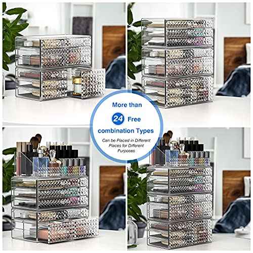 Awenia 4 Pack Stackable Makeup Organizer[Upgraded],Acrylic Cosmetics Storage Large Capacity with 11 Drawers For Brush Holder,Perfume or Jewelry Display,Plus Size| Ship from USA(Clear)