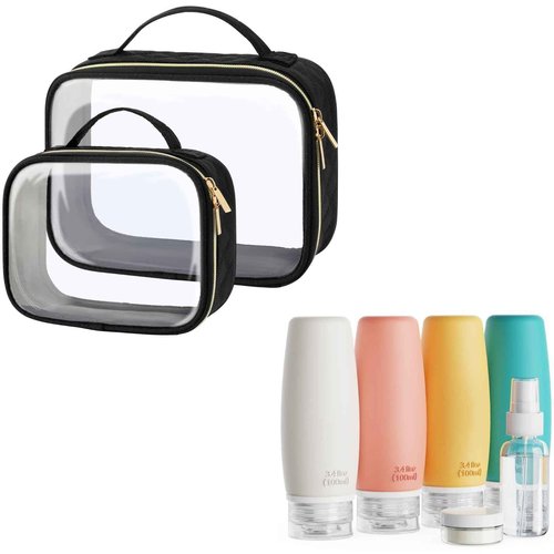 PACKISM 2 Pack Black Clear Makeup Bags and 6 Pack Travel Size Bottles, Bundle Sales