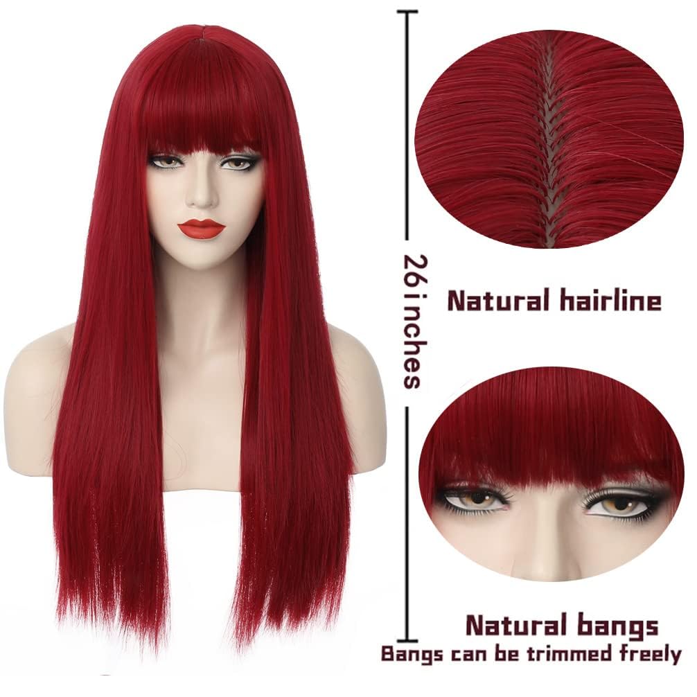 RightOn Red Wig Long Straight Wig with Bangs Long Wig Wine Red Straight Wigs Full Machine Wig for Daily Cosplay Party