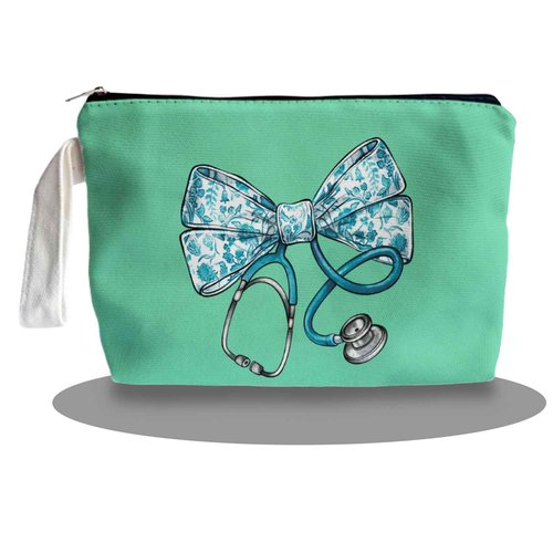 SQQCMM Chinoiserie Bow Stethoscope Nurse Green Makeup Bag - Trendy Nurse Themed Gifts for Girls Mom Women, Bow Stethoscope Nurse Cosmetic Bag, Nursing Student Gifts, Canvas Zipper Makeup Bag
