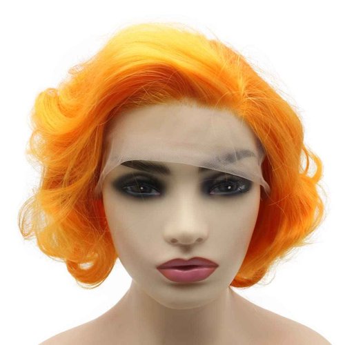 Peakia Short Wavy Wig Orange Half Hand Tied Lace Frontal Wigs Synthetic