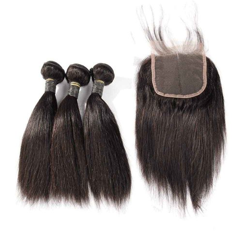 SINGLE BEST Brazilian Human Hair Bundles with Closure 10A Straight Bundles with Lace Closure 3 Bundles Human Hair with Lace Closure Free Part Natural Color (Straight, 8 8 8+8inch)