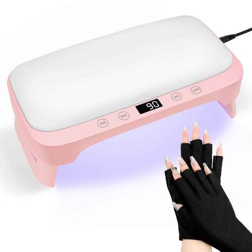 UV Nail Lamp with Arm Rest & UV Gloves, Professional LED Nail Light for Gel Nails Polish, 4 Timers Foldable Nail Dryer with Hand Rest for Nails Tech Manicure Salon Home Use Pink