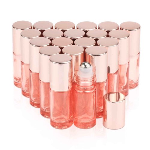 DMuuuDM 1/6 oz Pink Essential Oil Roller Bottle,20 Pcs Empty Glass Roll-On Vial with Stainless Steel Roller Ball,Rose Gold Lid,Portable Sample Container for Oils-Opener&Dropper Included