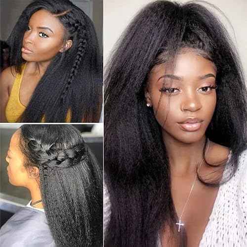 13x6 Lace Front Kinky Straight Wig HD Transparent Yaki Straight Frontal Closure Human Hair Wigs for Women 16Inch 180% Density Glueless Wig Pre Plucked With Baby Hair