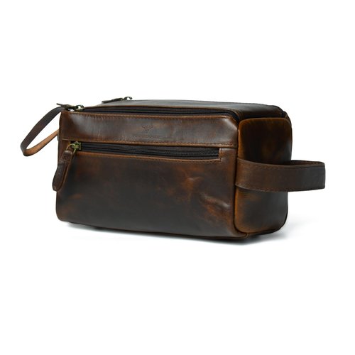 Leather Toiletry Bag for Men – Handmade Travel Kit, Small Leather Shaving & Toiletry Organizer, Durable Waxed Canvas Lining (Brown)