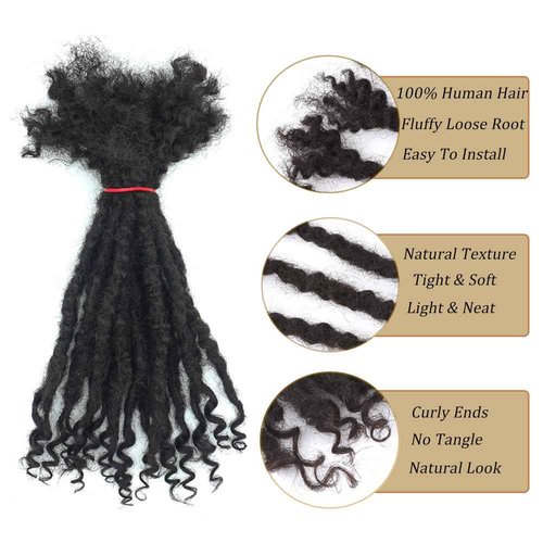 Textured Locs Extension With Curly Ends 100% Permanent Human Hair Dreadlock Extensions 0.6cm Width Can Be Dyed Bleached Full Handmade Loc Extension for Men Women (Natural, 8 Inch/20 strands)