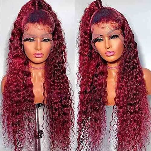Burgundy Lace Front Wigs Human Hair 13x6 Deep Wave Lace Front Wigs Human Hair 180 Density Red Colored Wigs Human Hair for Black Women 99j Curly Lace Frontal Wigs (24 Inch)