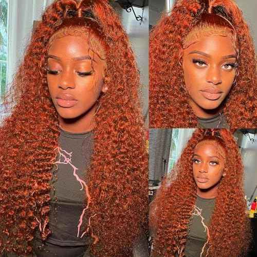 Curly Human Hair Wig 13¡¿6 Deep Wave Lace Front Wigs Human Hair 180 Density Deep Wave Wigs with Hairline Ginger Wig Human Hair 350# Colored 24 Inch