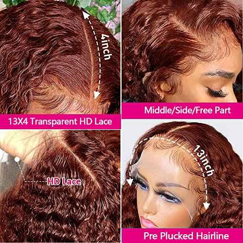 Siyun Show 13x4 Reddish Brown Deep Wave Lace Front Wigs Human Hair Wigs for Black Women 26 Inch Copper Red Deep Wave Lace Frontal Wig Pre Plucked 180% Density Auburn Wig With Baby Hair