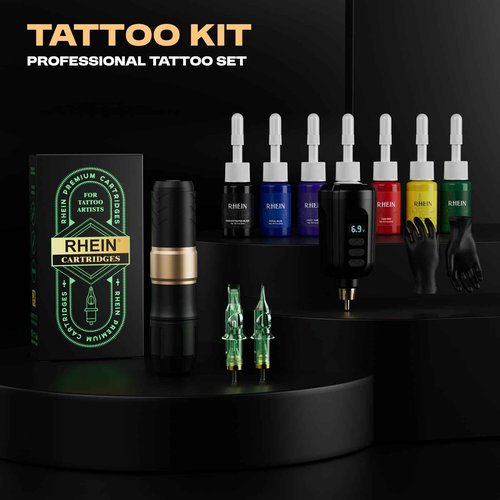 Tattoo Gun Kit Wireless Rotary Tattoo Machine Pen Kit with 1PCS Battery and 20 Pcs Cartridge Needles 7 Colors Ink Complete Tattoo Supplies RN-TK2004-1