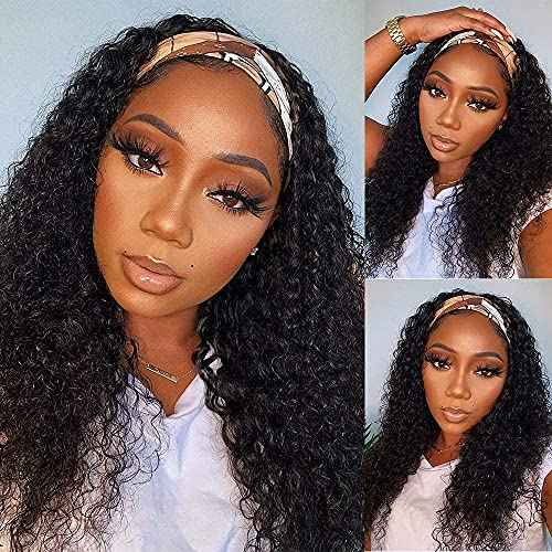 WENYAN Headband Wig Human Hair Deep Wave 16 Inch Wigs for Black Women Glueless None Lace Front Curly Wave Wig Brazilian Virgin Hair Wear and Go Wigs Machine Made 150% Density Natural Color
