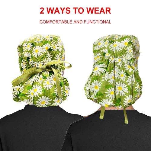 Scrub Cap with Buttons - Cotton Cap with Sweatband, Adjustable Ponytail Working Cap, Tie Back Hats for Women, Green Chrysanthemum, One Size