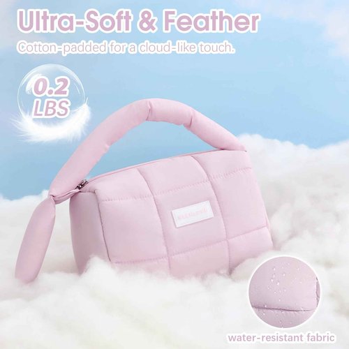 Cute Puffy Makeup Bag with Handle, Quilted Cosmetic Organizer Bag, Waterproof Travel Toiletry Pouch, Portable Handbag with Zipper for Women and Girls (Purple)