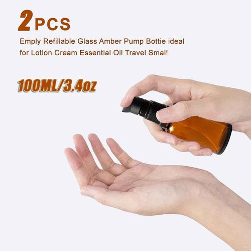 UPSTORE 2Pcs (100ml/ 3.4oz) Amber Glass Empty Pump Press Bottles with Cap Refillable Portable Bottle Vial Case Makeup Pot Jar Travel Sub Bottling for Lotion Essence Emulsion Essence Serum Shampoo