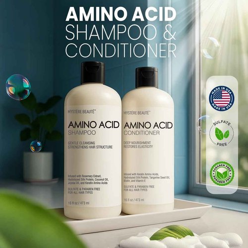Amino Acid Shampoo and Conditioner Set for All Hair Types | Nourishing Amino Acid Hair Shampoo with Vitamin E & Jojoba Oil for Frizz Control & Shine Moisturizing Amino Acid Conditioner - 16 fl oz each