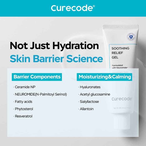 CURECODE Soothing Relief Gel Moisturizer 80ml (2.71 Fl Oz) Korean Skin-Biome Science with Neuromide, Ceramides for Calming, Hydration with Skin Barrier, Pore Refinement, and Gentle for All Ages