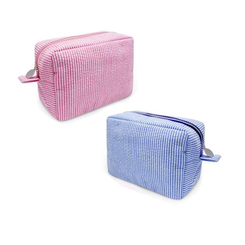 Seersucker Cosmetic Bag, Large Makeup Pouch Travel Toiletry Case with Zipper Closure Seersucker Cosmetic Organizer for Women Girls