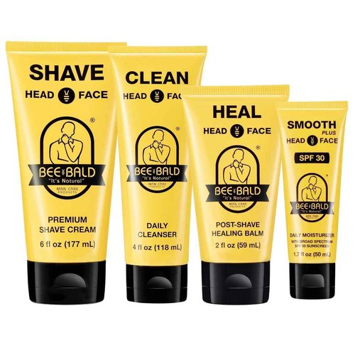 Bee Bald 4-Pack with SMOOTH PLUS Daily Moisturizer with SPF 30, SHAVE Premium Shave Cream, HEAL Post-Shave Healing Balm, and CLEAN Hydrating Facial Cleanser