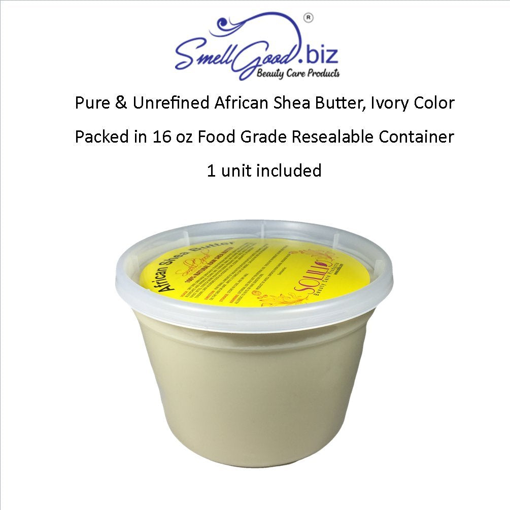 SmellGood - Pure Unrefined African Shea Butter, natural and handmade, ivory color, packed in 16 oz food grade resealable container, 1 Unit