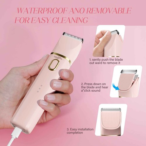 Bikini Trimmer for Women: 3 in 1 Gentle&Painless Electric Razor for Women,120min Cordless Runtime,USB Charge Dock,Ceramic Blade,IPX7 Waterproof Wet & Dry Use &Easy Cleaning Travel Grooming Kit (Pink)