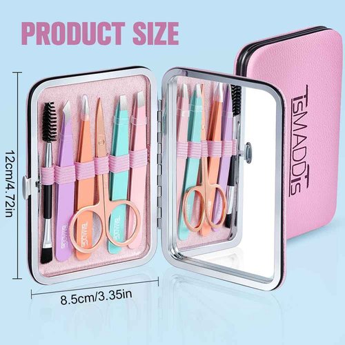 TsMADDTs Tweezers for Women Facial Hair - Precision Tweezers Set with Travel Case - Stainless Steel with Scissor, Mirror