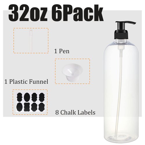 BPFY 6 Pack 32 oz Shampoo and Conditioner Dispenser Bottles with Pump for Conditioner, Soap, Lotions, 32 oz Empty Plastic Pump Bottle Dispenser with Labels Funnel, Chalk,Pen