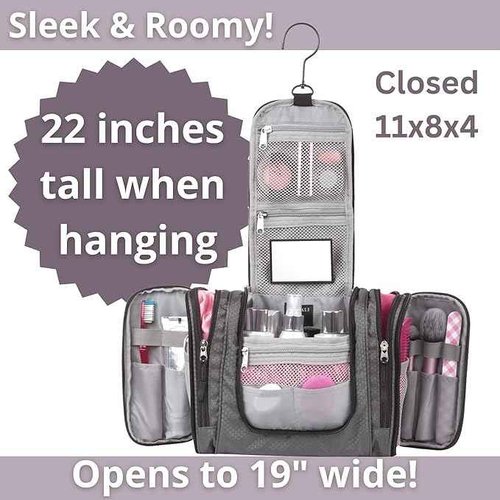 BORSALI Hanging Toiletry Bag for Women with Mirror - Medium Travel Bag for Toiletries & Travel Essentials - Compact Yet Roomy - 22 Compartments & Mesh Back Pocket - Sturdy Swivel Hook