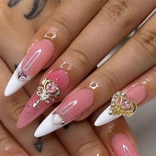 60 Pcs Nail Charms Y2k Alloy Nail Art Charms 3D Gold Heart Star Bow with Rhinestones Pink Cherry Tulips Nail Gems Shiny Jewelry Nail Decorations Accessories Supplies 3