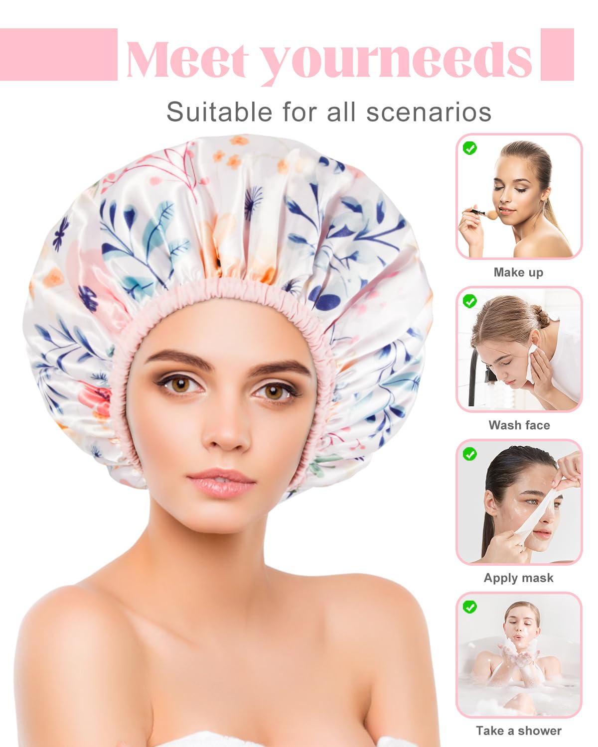 Auban Shower Cap, Terry Lined Shower Caps, Reusable Large Shower Cap for Women, Terry Cloth Lined Shower Cap for Long Thick Hair, 3 Layer Waterproof Hair Cap