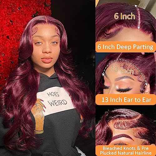 99j Burgundy Lace Front Wigs Human Hair Pre Plucked 13x6 Lace Frontal Human Hair Wigs for Black Women Body Wave Glueless Human Hair Wig 180% Density Pre Plucked Bleached Knots with Baby Hair £¨26 Inch£©
