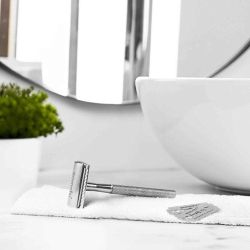 ZOMCHI Double Edge Safety Razor for Men & Women, Metal Razor with 5 Double Edge Safety Razor Blades, Single Blade Razor – Silver