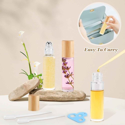 Mirrline 20 Pcs 10ml/0.34oz Roll On Bottles Clear Glass Essential Oil Roller Bottle Refillable Perfume Sample Bottles with Bamboo Lids & Stainless Steel Roller Ball -1 X Opener & 2 X Pipettes
